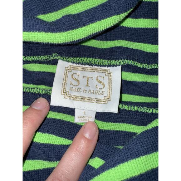 STS Sail To Sable Green Navy Blue Stripe Cowl Neck Pullover size L - Picture 2 of 3